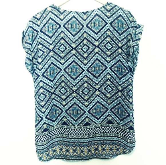 PINK ROSE Boho Aztec Blue V-Neck Top Size Large - Picture 5 of 6